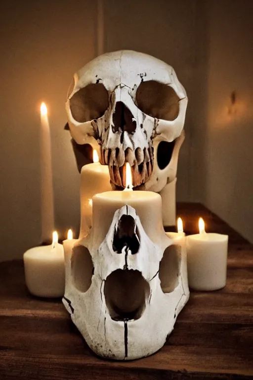 Image similar to animal skull with candles set in its eye sockets, haunting, dim lighting, atmospheric,