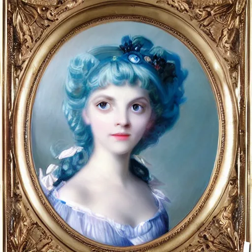 Image similar to Alice in Wonderland,a portrait of a beautiful blue hair girl,Diamonds Blaze,Rose twining,luxuriant,dreamy, eternity, romantic,highly detailed,in the style of Franz Xaver Winterhalter, highly detailed,in the style of Aetherpunk