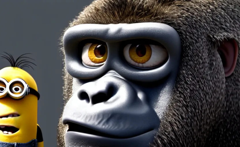 Image similar to gorilla as gru ( despicable me ) on glue bottle, hyperrealistic, concept art, octane render, unreal engine 5, trending on artstation, high quality, highly detailed, 8 k hdr, product photo, centered, minions background, soft lighting, path traced, low contrast, high coherence, symmetrical