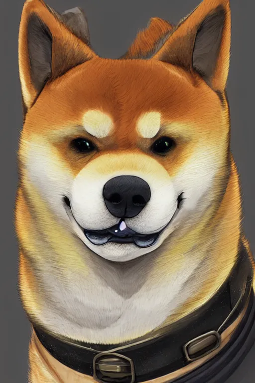 Image similar to portrait of fat shiba inu, fursona, anthro, male, bushy yellow eyebrows, detailed golden tan fur, anime key visual, concept art, digital painting, makoto shinkai