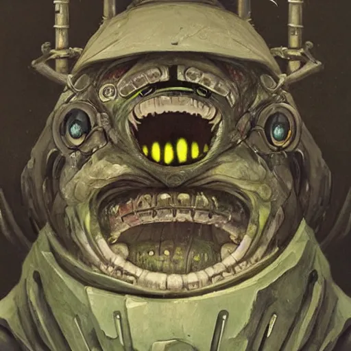 Image similar to minimalist cyborg goblin with maniacal expression and bulging eyes inside byzantine hong kong hoarder labaratory, portrait by by greg rutkowski and h. r. giger and stalenhag and deak ferrand, studio ghibli composition