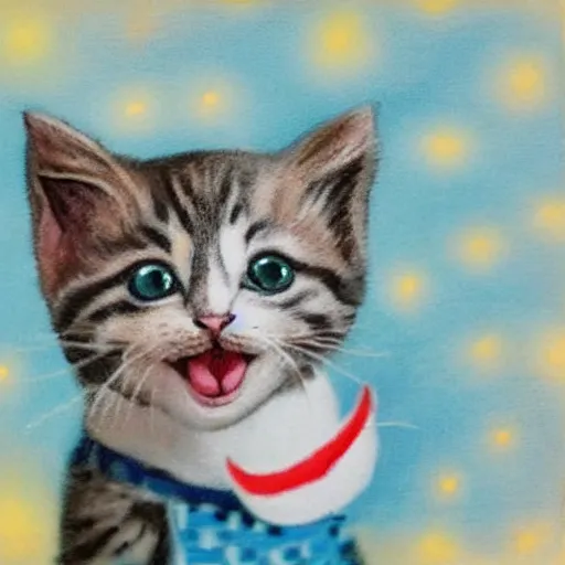 Prompt: a kitten with light blue cartoon eyes looking very happy with a cheeky grin, wearing a police uniform, portrait with pastel paints