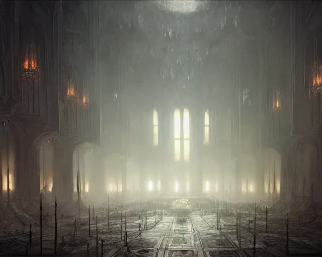 Image similar to fantasy scene, king of the wolves inside the king's hall ethereal, ominous, misty, 8 k, by h. r. giger and greg rutkowski