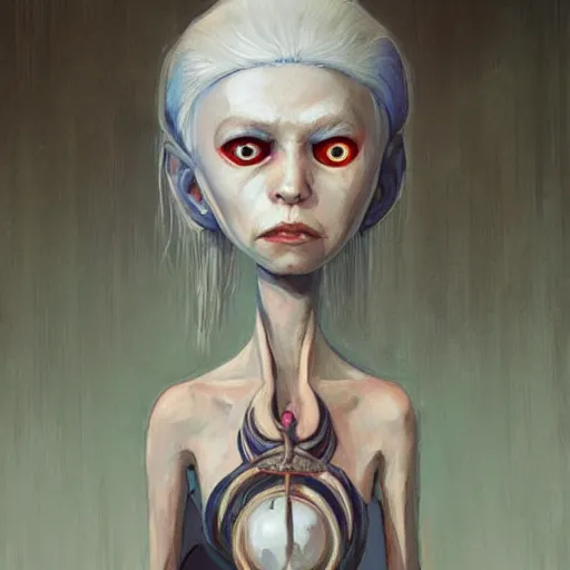 Image similar to portrait of small, cute, rubbery, huge-eyed, big-lipped albino mutant priestess with elaborate white hair with serious expression; science fiction concept art by Anato Finnstark, Margaret Keane, Greg Rutkowski