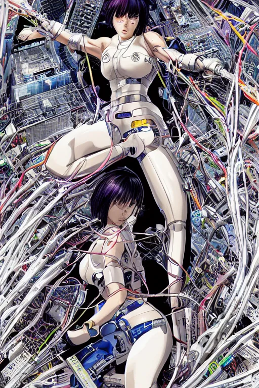 Image similar to super coherent motoko kusanagi kneeling on a white in style of masamune shirow, empty floor, with a mess of wires and cables coming out of her head and backside, by Yukito Kishiro and katsuhiro otomo, illustration, cyberpunk, hyper-detailed, colorful, complex, intricate, masterpiece, epic
