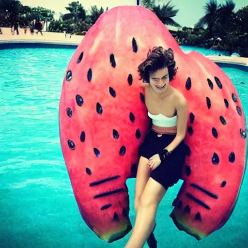 Image similar to “Watermelon whale with Harry Styles riding it”