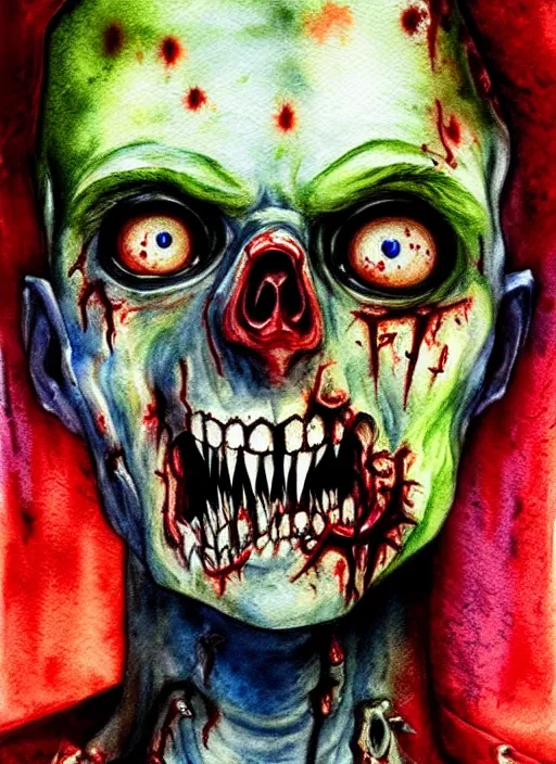 Prompt: zombie hollywood professional acting headshot, hyperrealism, intricate detailed, studio lighting, charming expression gesicht, watercolor art, drawn and painted, colored layers, dulled contrast, painterly