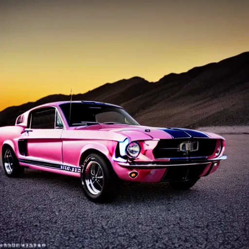 Prompt: long shot of 1967 Ford mustang Shelby GT500 in pink color at sunset in front a beach, 4k, amazing reflection, HD Photography