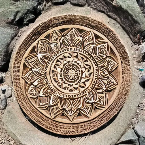 Prompt: mandala carved into the side of a mountainside