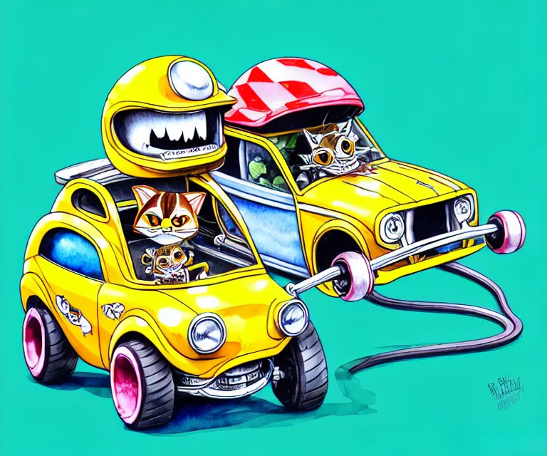 Image similar to cute and funny, margay wearing a helmet driving a tiny hot rod with an oversized engine, ratfink style by ed roth, centered award winning watercolor pen illustration, isometric illustration by chihiro iwasaki, edited by craola, tiny details by artgerm and watercolor girl, symmetrically isometrically centered