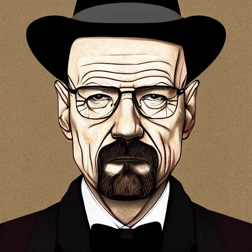 Prompt: Walter White with short pork pie black hat, accurate anatomy, highly detailed, digital art, centered, portrait, serious,