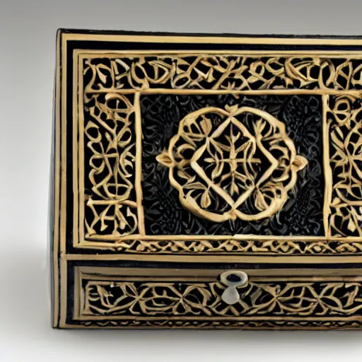 Image similar to arabesque carved ivory box, studio photography, black background