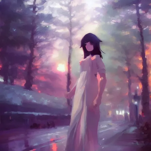 Prompt: very very very aesthetic cinematic stunning portrait of a woman in a serene environment by Antoine Blanchard and Makoto Shinkai, artstation, art deco, cinematic lighting, dreamlike