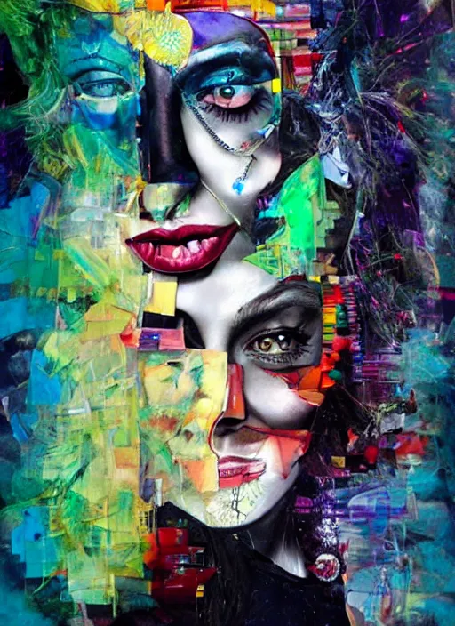 Image similar to collage of gorgeous magic cult psychic woman smiling, third eye, energetic consciousness psychedelic, epic surrealism expressionism symbolism, story telling, iconic, dark robed, oil painting, symmetrical face, dark myth mythos, by Sandra Chevrier masterpiece cutout layering