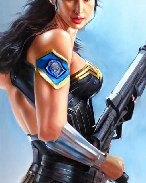 Image similar to hyper realistic painting of gal gadot in a police uniform, hyper detailed, anime, by clay mann, trending on artstation