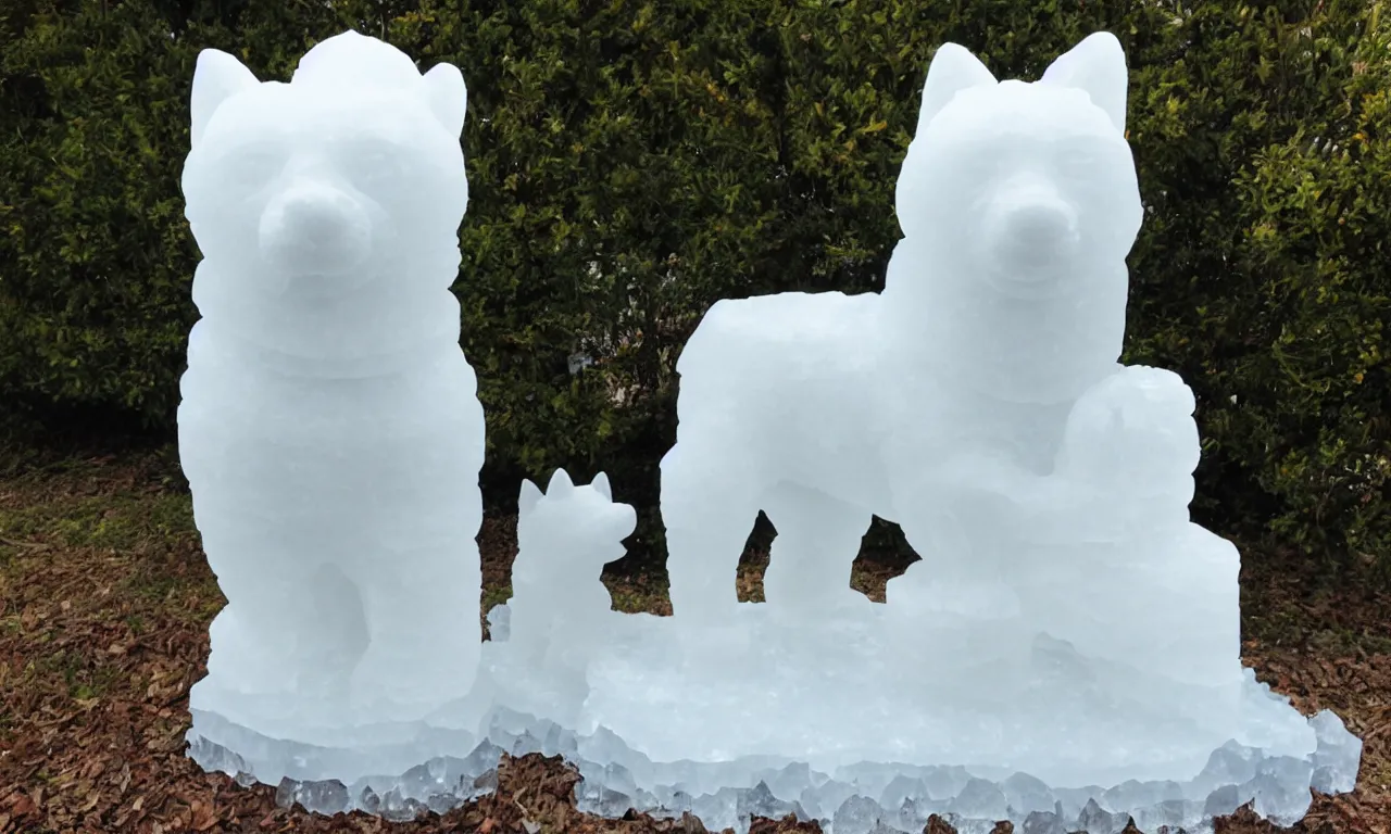 Prompt: an ice sculpture of a shiba inu dog