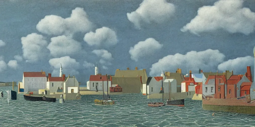 Image similar to a painting of the harbour at Stromness, orkney islands, small houses, boats, sea, stormy clouds, by René Magritte