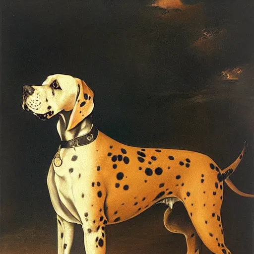 Prompt: a portrait of a slim pepper colored great dane with black spots in a scenic environment by mary beale and rembrandt, royal, gold noble, crown, baroque art