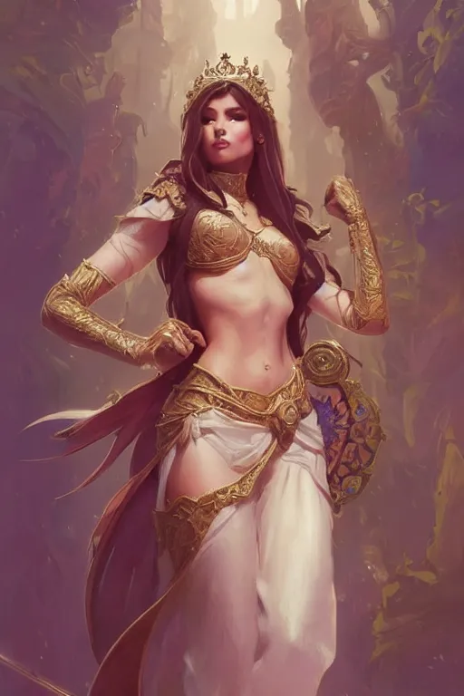 Image similar to Beautiful female princess, Full body shot, D&D, fantasy, intricate, elegant, highly detailed, digital painting, artstation, concept art, matte, sharp focus, illustration, hearthstone, art by Artgerm and Greg Rutkowski and Alphonse Mucha