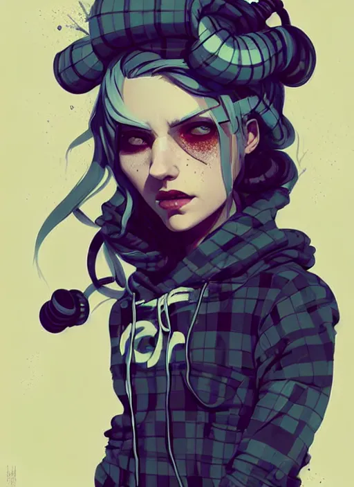 Prompt: highly detailed portrait of a sewer punk lady, tartan hoody, blonde ringlet hair by atey ghailan, by greg rutkowski, by greg tocchini, by james gilleard, by joe fenton, by kaethe butcher, gradient blue, black, blonde cream and white color scheme, grunge aesthetic!!! ( ( graffiti tag wall background ) )