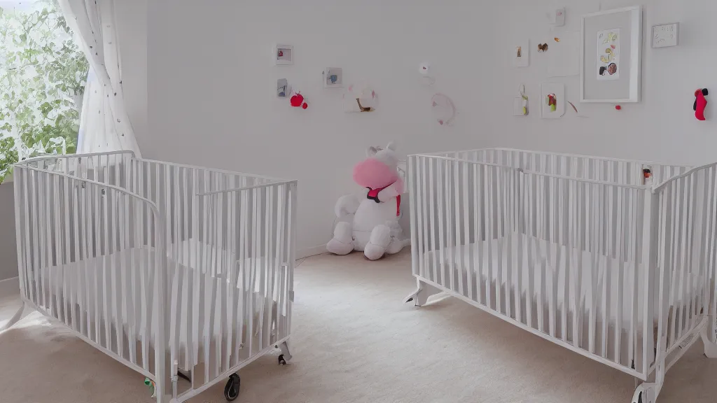 Prompt: rollei sample photo of a c baby crib and a mobile toy