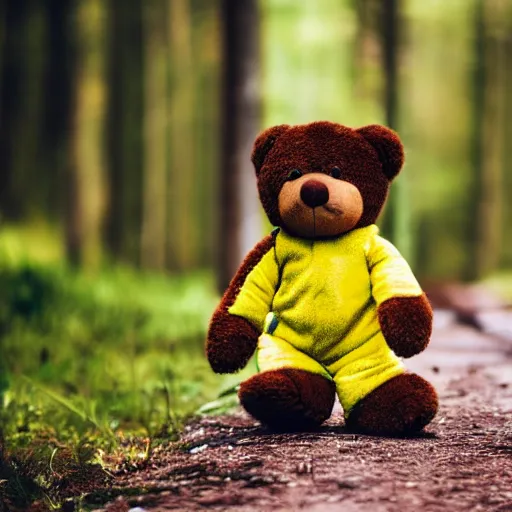 Prompt: a photo of a cute and happy brown teddy bear toy, with green pants and yellow jacket, toy clothes, enjoying a stroll in the forest, telephoto, 5d mk2