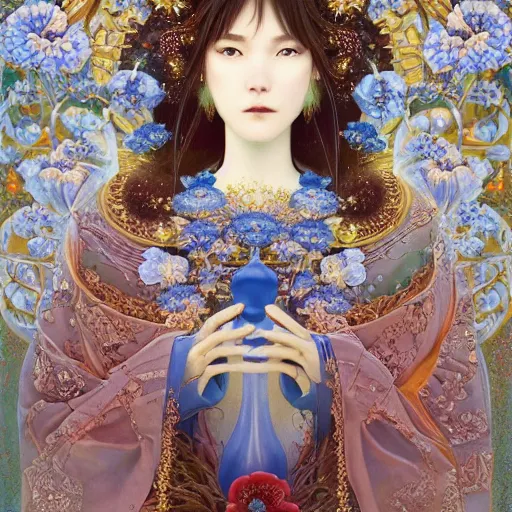 Image similar to breathtaking detailed concept art painting of the goddess of nemophila flowers, orthodox saint, with anxious, piercing eyes, ornate background, amalgamation of leaves and flowers, by Hsiao-Ron Cheng, James jean, Miho Hirano, Hayao Miyazaki, extremely moody lighting, 8K