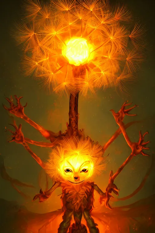 Prompt: a glowing humanoid figure dandelion monster with large glowing eyes, surrounded by fiery orange, highly detailed, digital art, sharp focus, trending on art station, artichoke, anime art style