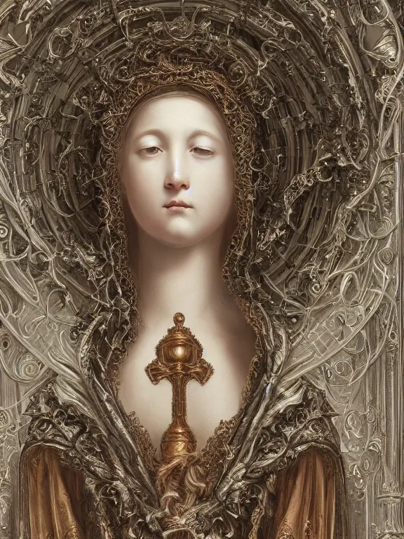 Image similar to a beautiful render of baroque catholic veiled Virgin sculpture with symmetry intricate detailed,by Nekro and peter gric and aaron horkey and Billelis,Trending on artstation,ZBrush,fractalism,maximalism,glittering,Ligne Claire,gold,ivory,copper verdigris,hyperreal