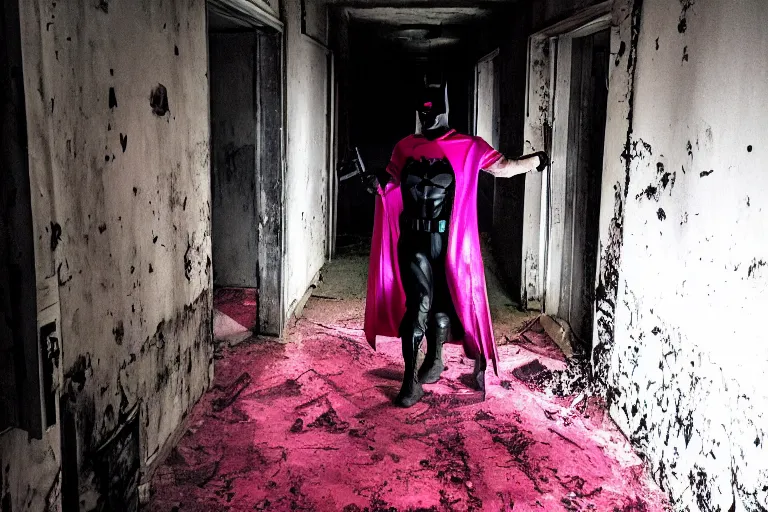 Image similar to batman wearing pink apron wielding an axe, chasing through old brown decrepit hallway, creepy smile, atmospheric eerie lighting, dim lighting, bodycam footage, photograph