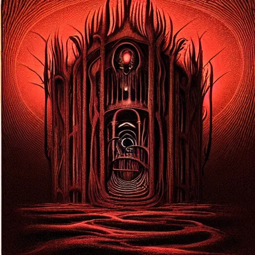 Image similar to strange horror house by junji ito, hugh ferriss, lee madgwick, alex grey and gustave dore ; spiralled blood red and smoke black art nouveau architecture ; in the style of gothic art. wes benscoter. imposing, evil, biblical hell.