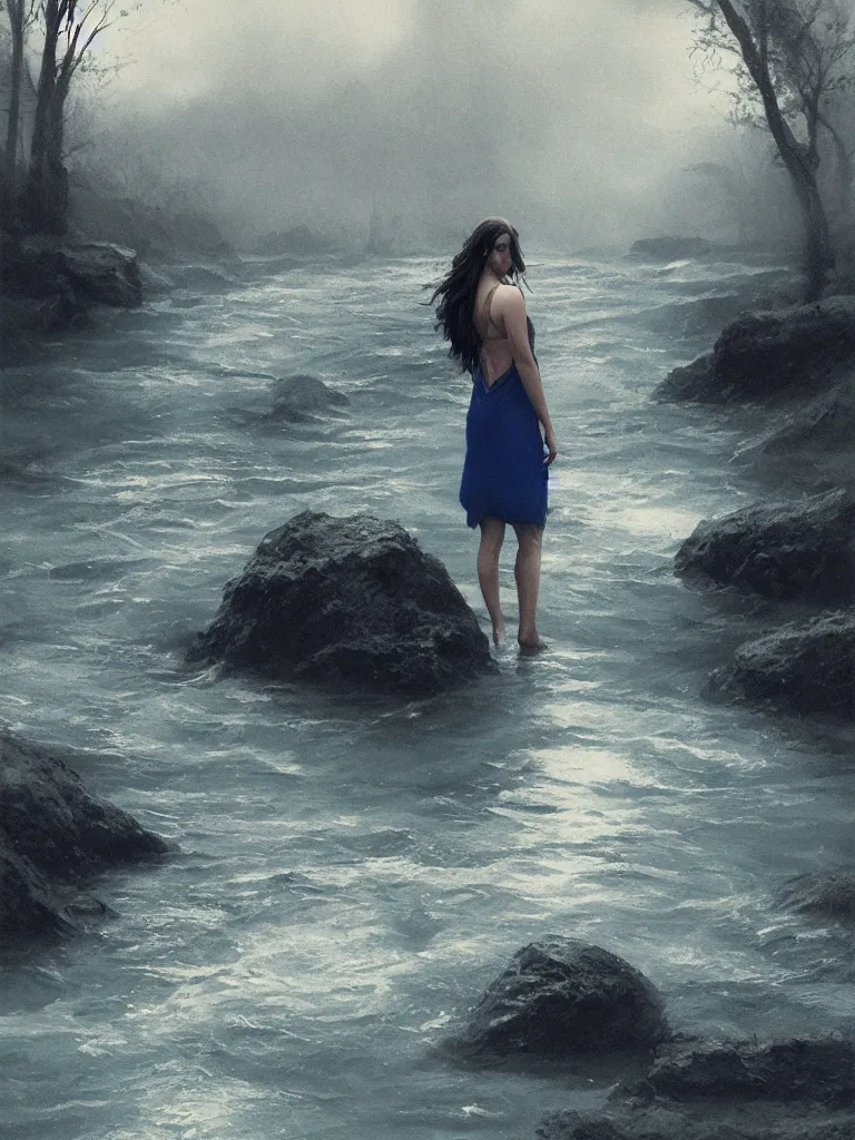 Image similar to a vintage photo of one sad female standing in the river, gloomy, strong subsurface scattering, cobalt blue gemstones floating in the river, art by greg rutkowski