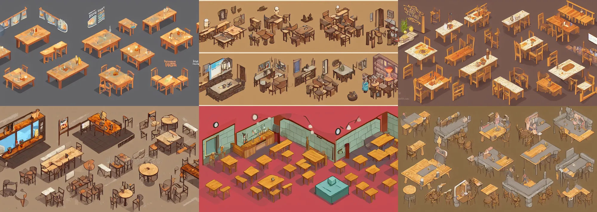 Prompt: isometric art of a cozy warm inn interior with a bar and small round tables and stools, product sketch, dnd art