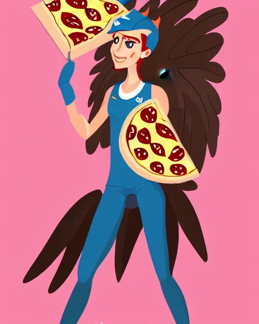 Image similar to female harpy as a pizza delivery woman, bird human hybrid with feathery bird arms and talon bird feet, holding a cardboard pizza box, wearing a pizza delivery uniform. feathers for hair, cute, dynamic character design, stunning, highly detailed digital illustration, crisp linework, top rated on artstation, stylized urban fantasy artwork