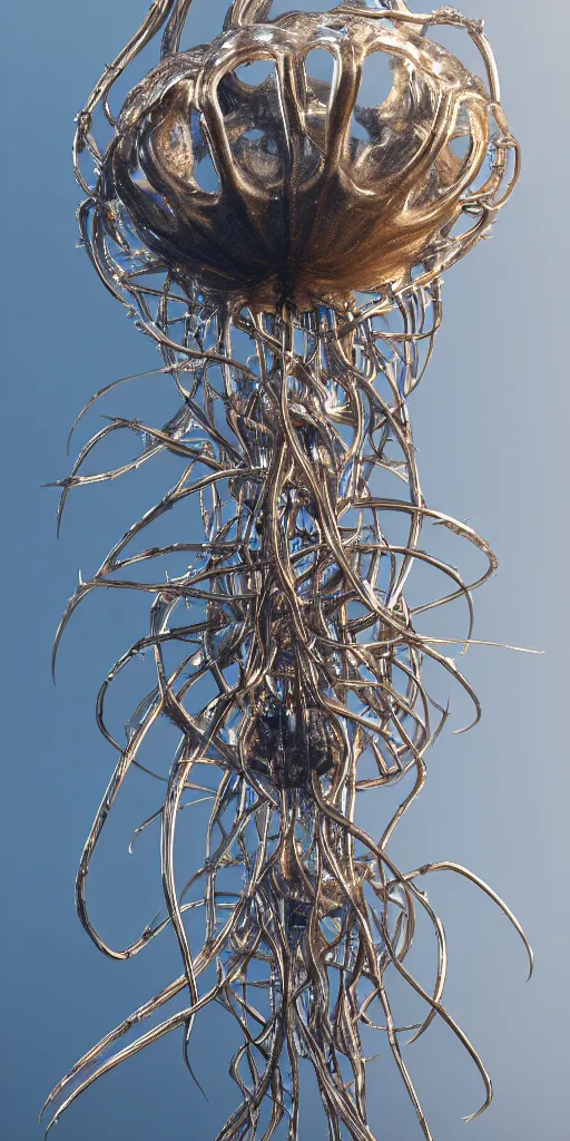 Prompt: a photorealistic render of a metallic neotribal jellyfish sculpture, with thorns, made of liquid metal, c 4 d, by zhelong xu and ernst haeckel, wide angle, hyper realistic, plain background, 8 k, volumetric lightning, octane render