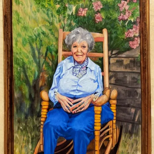 Image similar to painting of an elderly woman sitting in a rocking chair on a porch, appalachian folk art