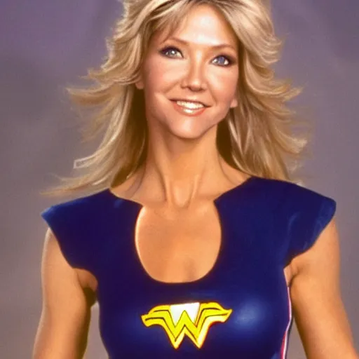 Prompt: Heather Locklear in the role of wonderwoman from a promotional photot shoot