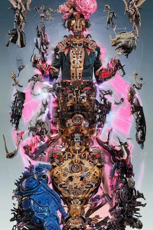 Image similar to full-body rococo and cyberpunk style sculpture of a young seductive Latino prince half android with a chest exposing circuitry, glowing pink seductive laser eyes, crown of blue gears and diamonds, swirling salmon-colored silk fabric, robotic raptors dinosaurs. baroque elements. full-length view. intricate artwork by caravaggio. art by Artgerm and Greg Rutkowski and Alphonse Mucha, Trending on artstation, cinematic industrial lighting, hyper realism, octane render, 8k, depth of field, 3D