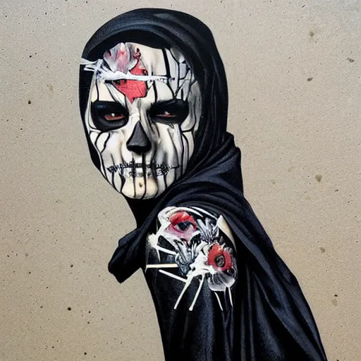 Prompt: a skeleton in black cloak by Sandra Chevrier