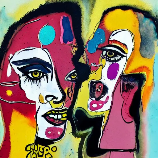 Image similar to watercolor painting of two bizarre psychedelic goth women kissing each other closeup in a cafe in spain, speculative evolution, mixed media collage by basquiat and jackson pollock, maximalist magazine collage art, sapphic art, lesbian art, chemically damaged