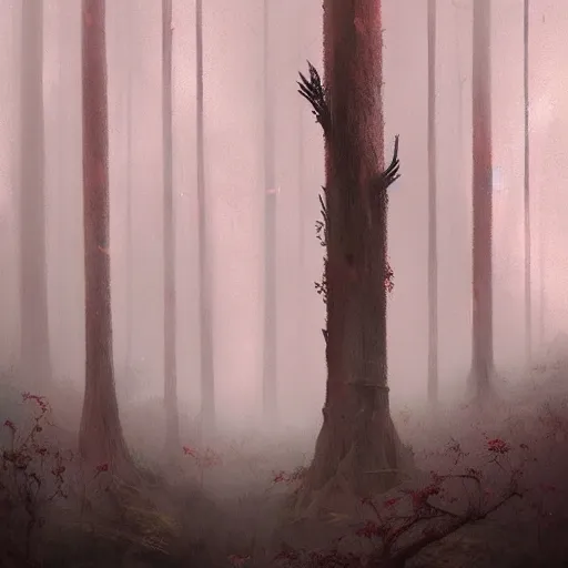 Prompt: overgrown sword leaning against a tree, foggy forest, nebula, crimson, eerie, oil painting, by greg rutkowski