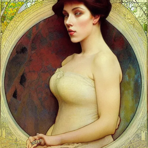 Image similar to “Scarlett Johansson portrait, Alfons Maria Mucha”