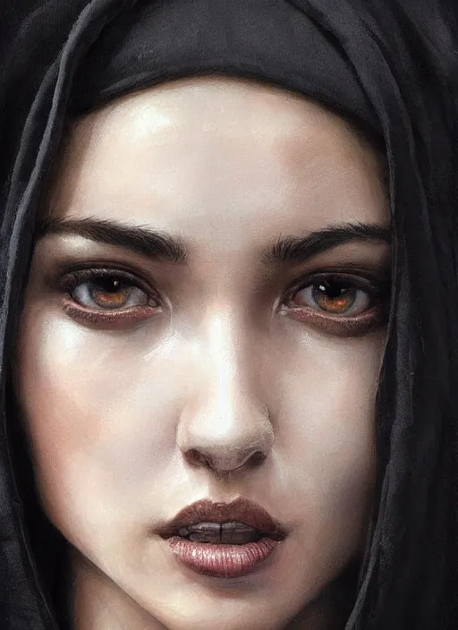 Prompt: a teenage fit girl with very short black hair and a huge cloak made of black fabric. beautiful highly detailed face. beautiful painting by artgerm and greg rutkowski and raymond swanland, detailed portrait, closeup