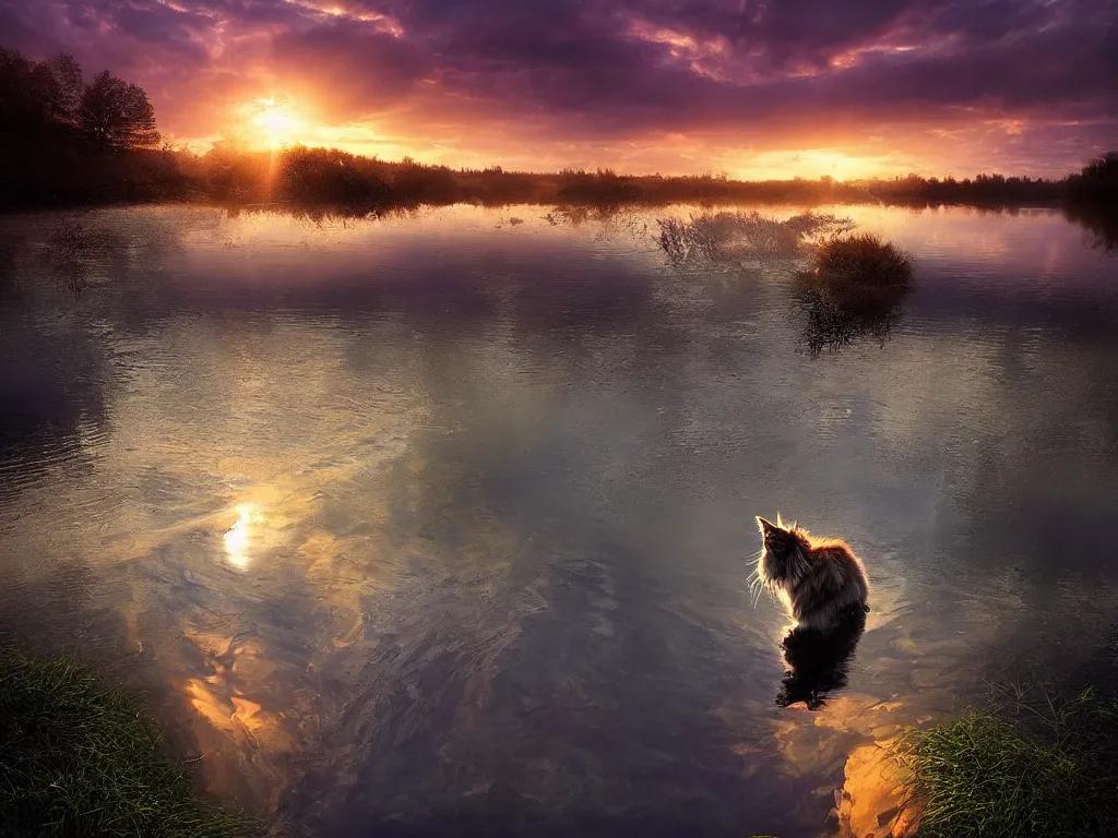 Image similar to amazing landscape photo of a maine coon bathing in a lake in sunset by marc adamus, beautiful dramatic lighting