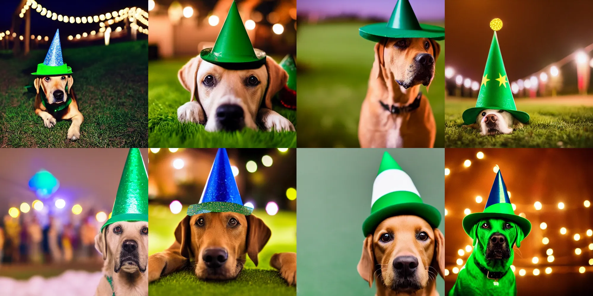 Prompt: night time dslr photo of a green labrador wearing a party hat in a country side party at night, bokeh depth of field, nikon lens