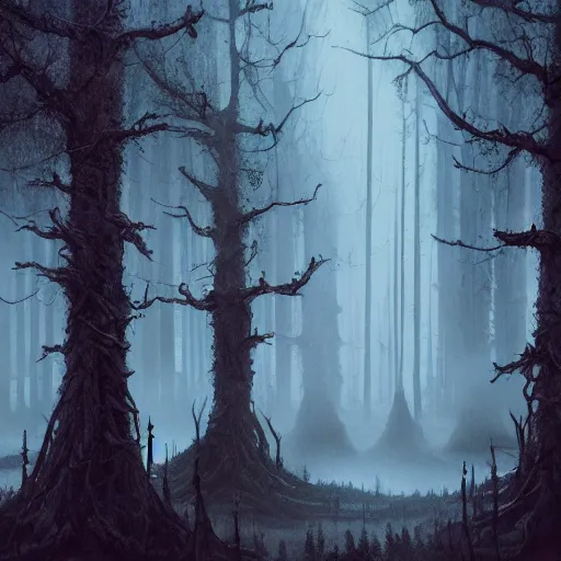 Prompt: An evil forest, gothic, dark atmosphere, ominous, matte painting, highly detailed, surreal, artstation