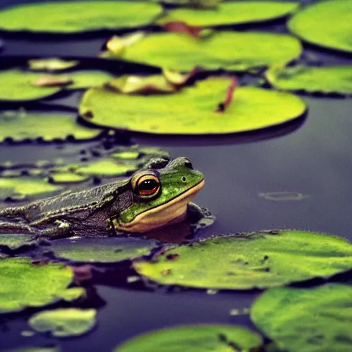 Prompt: dark clouds, close - up of a scared!!! frog in the pond with water lilies, shallow depth of field, highly detailed, autumn, rain, bad weather, ominous, digital art, masterpiece, matte painting, sharp focus, matte painting, by isaac levitan, asher brown durand,