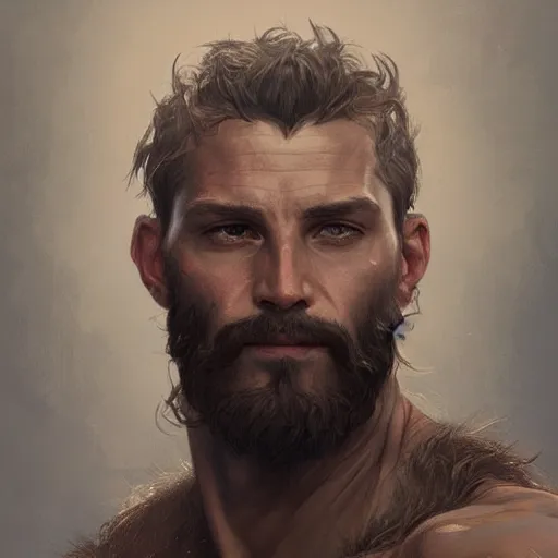 Image similar to portrait of the god of the mountains, 30 years old, rugged, male, gorgeous, detailed face, amazing, hairy torso, muscular, intricate, highly detailed, digital painting, artstation, concept art, sharp focus, illustration, art by greg rutkowski and alphonse mucha
