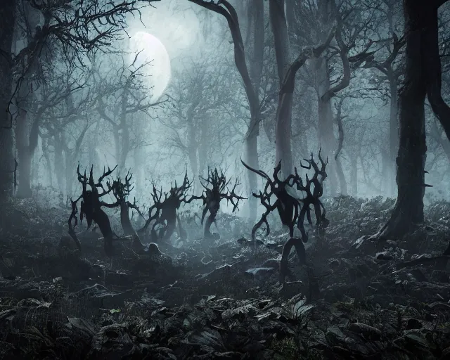 Image similar to the scariest witches surrounded by horror creatures in the scariest dark forest, epic scene, dark, scary, horror, frightening, fantasy, cinematic, redshift render, cgi, hyper - detailed, photo - bash, 8 k post - production, masterpiece