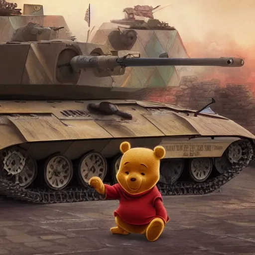 Image similar to screaming winnie the pooh having a tantrum in front of chinese type 5 9 battletank at tiananman square, dystopian, highly detailed, photorealistic, octane render, 8 k, unreal engine. art by artgerm and greg rutkowski and alphonse mucha